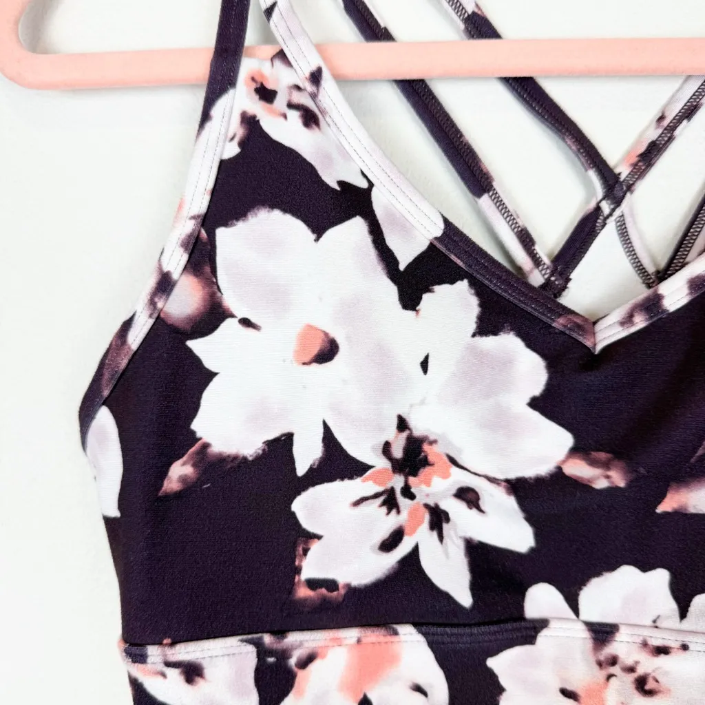 Balance Collection Burgundy Floral Strappy Padded Sports Bra Athletic Crop Top - Image 2