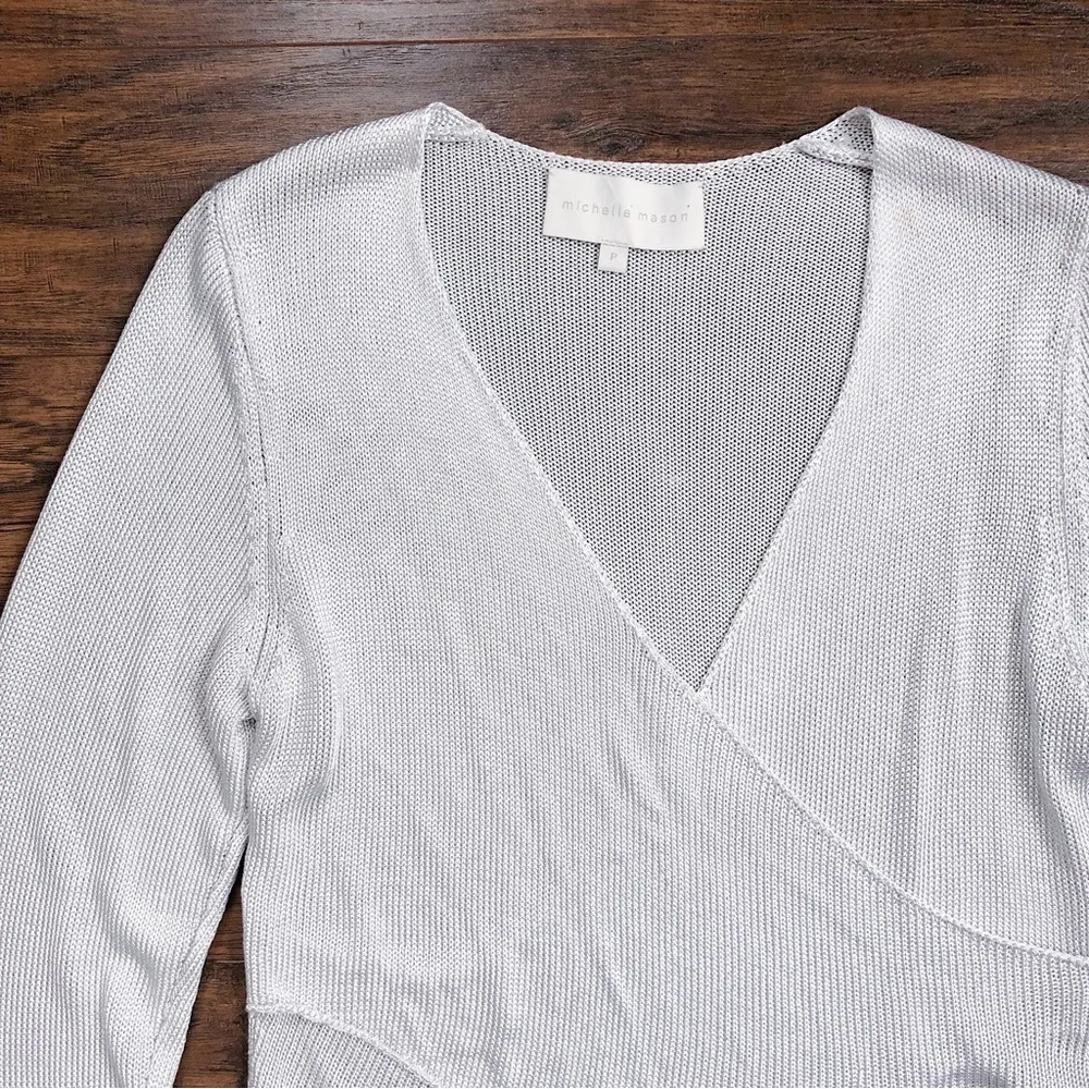 Michelle Mason • Cross Wrap Sweater top metallic silver grey surplice knit drape - Image 3