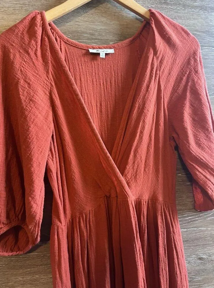 Madewell Dress Maxi Long Size XS Orange Fall V Neck Boho Ballon Sleeves - Image 5