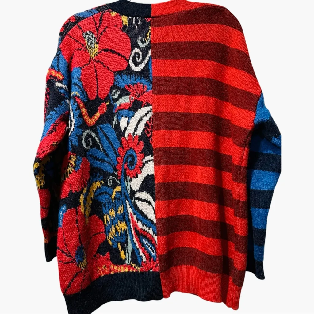 Farm Rio Vintage Forest Red Blue Stripe Mixed Oversized Cozy Cardigan Boho XS - Image 5