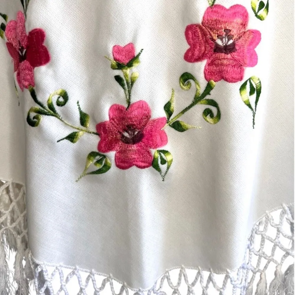 Vintage Artesania Manton De Manila Bordado Embroidered Spanish Shawl floral White - Image 5