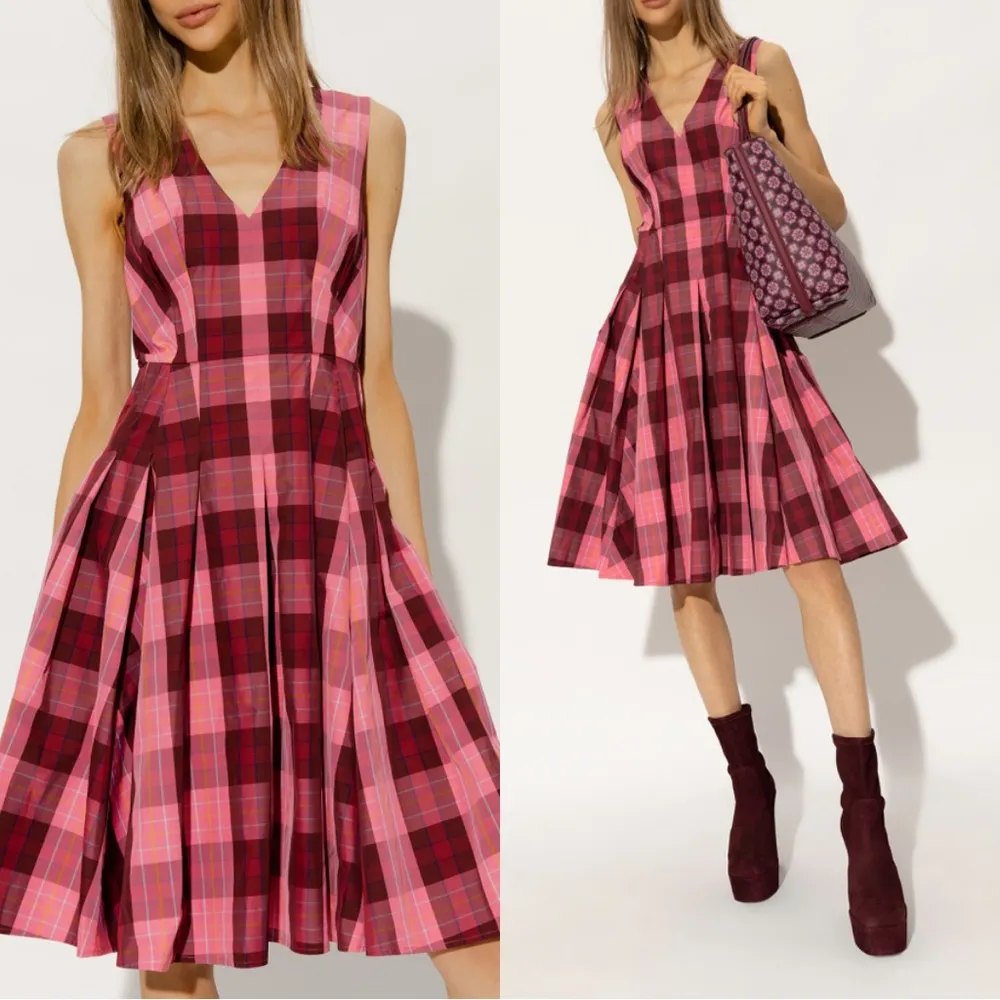 Kate Spade Greenhouse Plaid Taffeta Midi Dress Pink Sleeveless Size 4 - Image 3