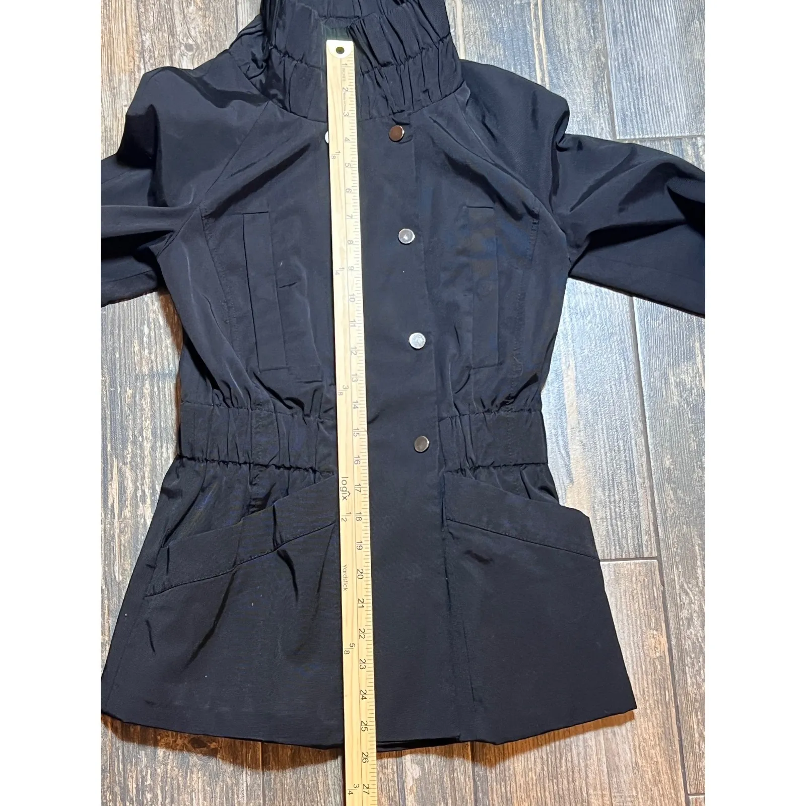 ZARA BASIC Black High Neck Gathered Waist Jacket Double Button Medium Millitary - Image 9