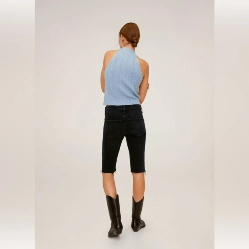 MANGO Biker Style Denim Raw Hem Bermuda Shorts in Black - Image 4