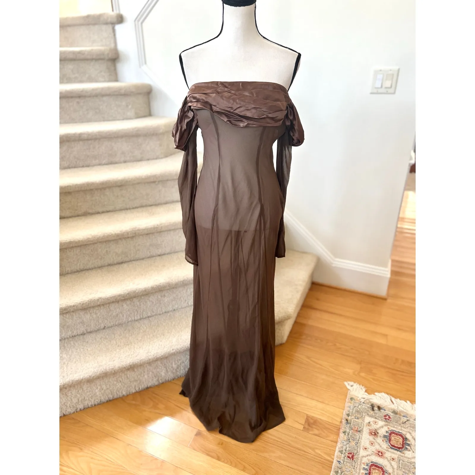 NWT Meshki Brown SHEER Satin Trim Off the Shoulder Long Sleeve Maxi Dress - Image 2