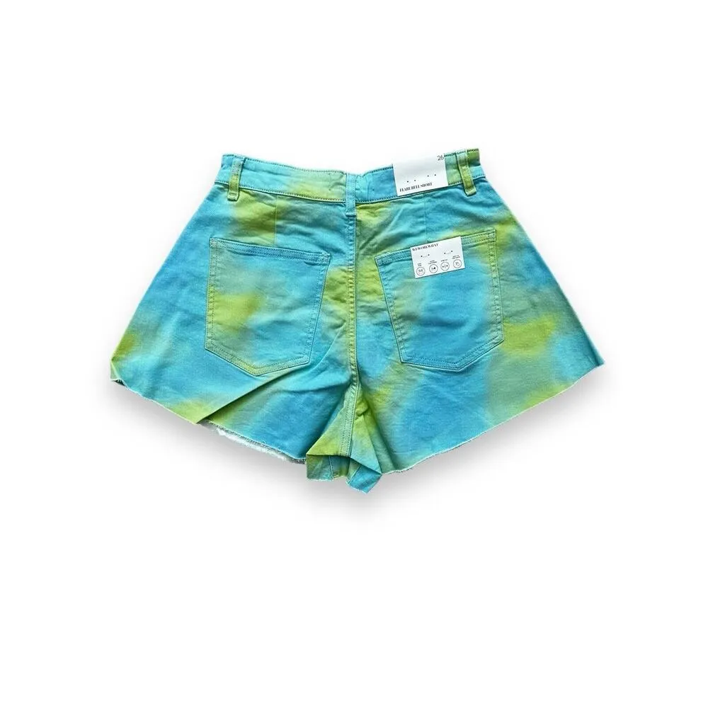 New WeWoreWhat Flare Bell Short Stretch Twill Denim Tie Dye Green Blue Size 26 - Image 4