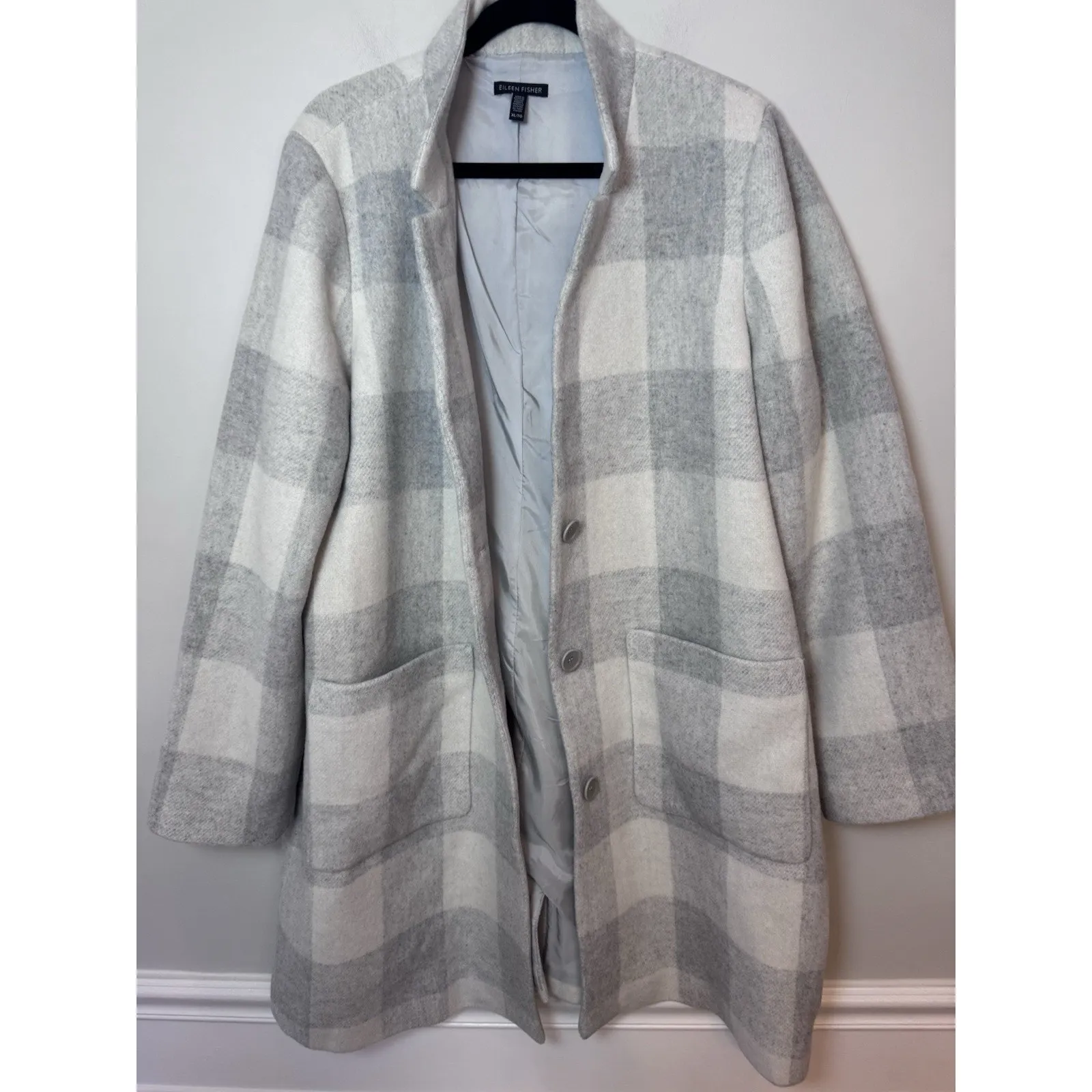EILEEN FISHER DARK PEARL / GRAY WOOL BLEND CHECK PRINT PEA COAT XL $498 NEW - Image 14