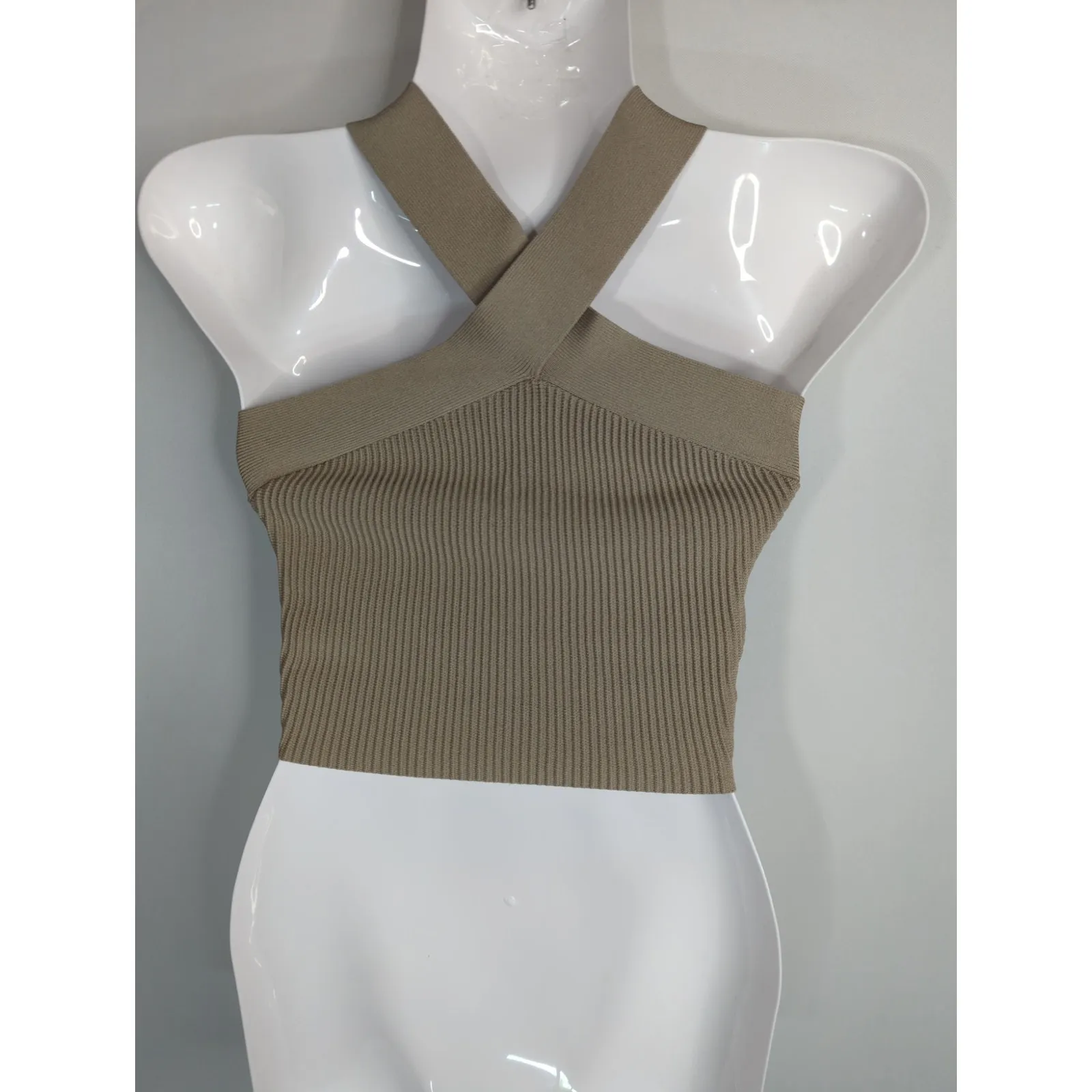 Babaton Saville Tan Sculpt Knit Criss Cross Cropped Tank Womens XS Halter Top‎ - Image 5