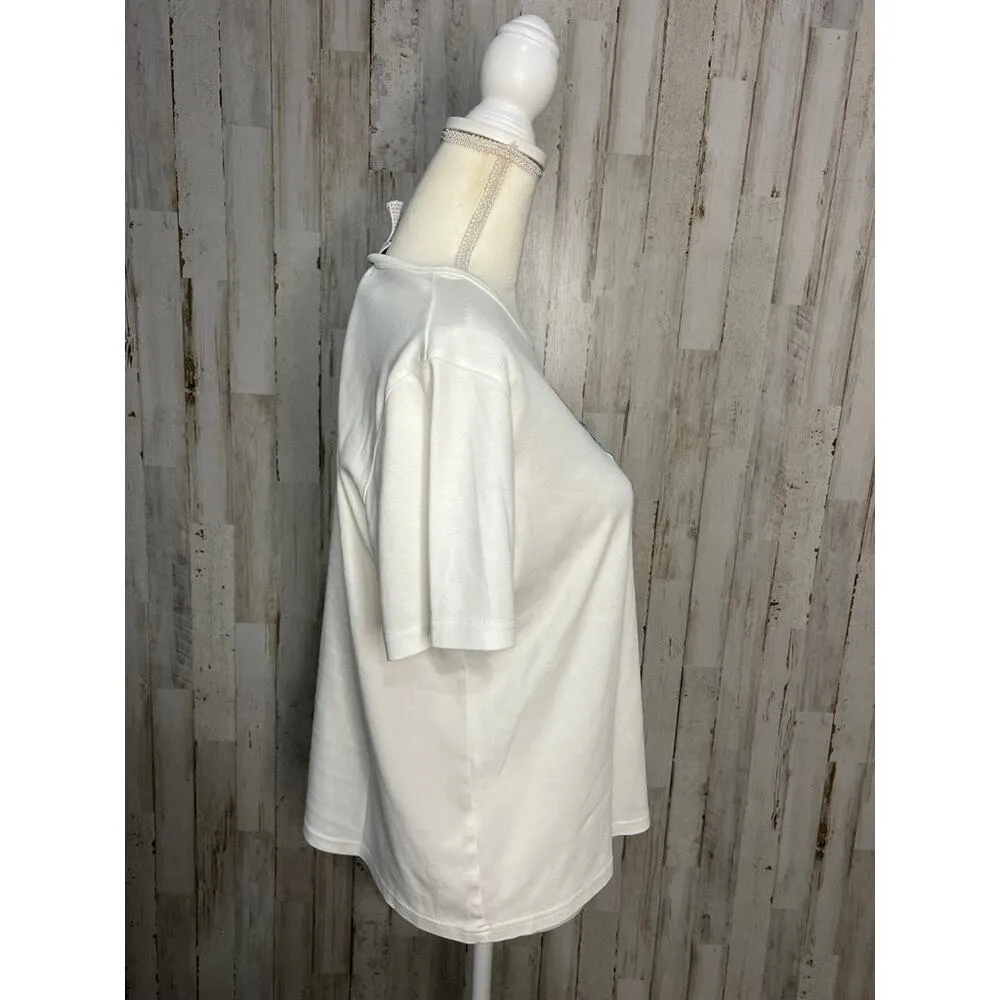 Talbots Women's Short Sleeve Tee White USA‎ Crew Neck Patchwork Size Large - Image 2