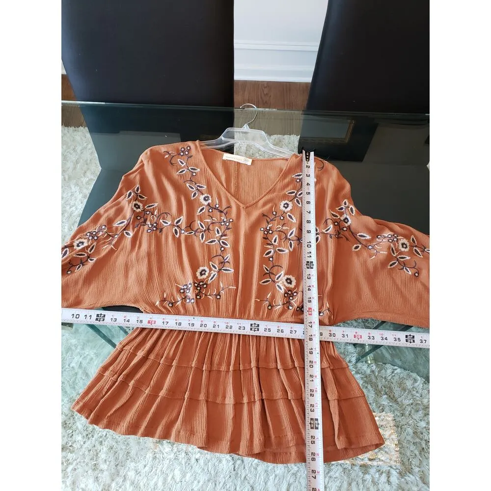 Magnolia South Top Blouse Womens M Orange Embroidered Dolman Sleeve Peplum Hem - Image 7