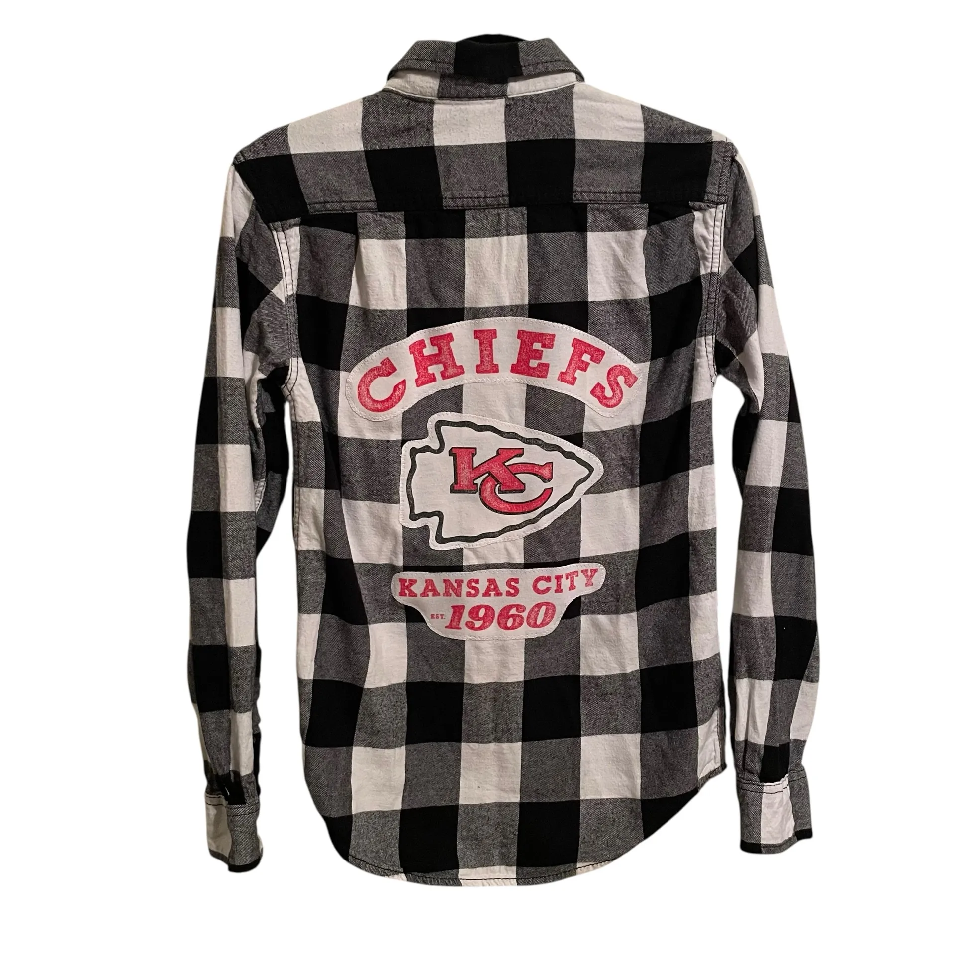 One of a Kind Kansas City Chiefs Black and White Plaid Flannel Button Front Shirt with Image XS - Image 1