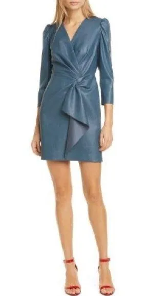 Rebecca Taylor Blue Vegan Leather 3/4 Sleeve Twist Wrap Mini Dress Classy - 16 - Image 1
