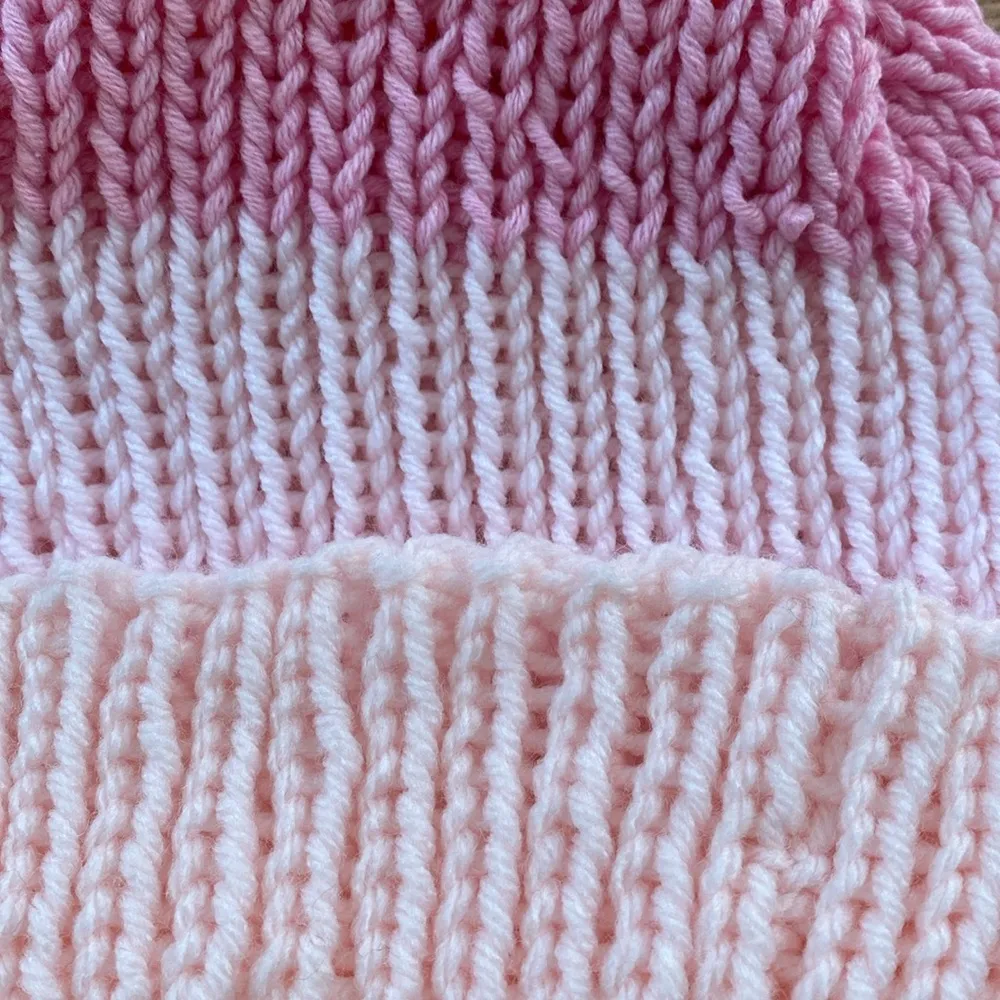 hand knit two toned pink striped beanie hat - Image 2