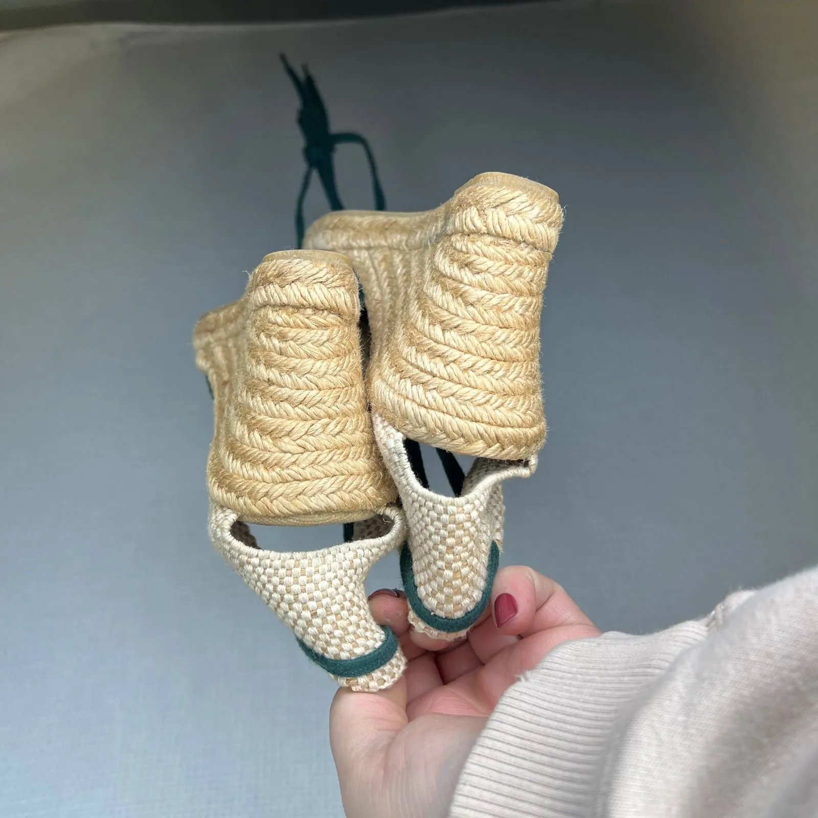 MIAU PARMI Espadrille Wedge Sandals Dark Green Lace Up Ankle Strap Women Size 39 - Image 3