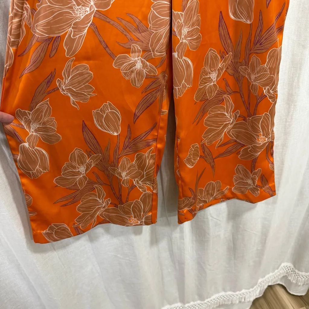 Joie Orange Floral Satin Palazzo Pants Belted Size 6 Wide Leg - Image 4