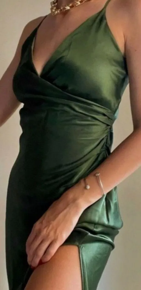 Zara Satin Effect Slip Green Draped Lingerie Style Dress Small Spaghetti Strap - Image 3