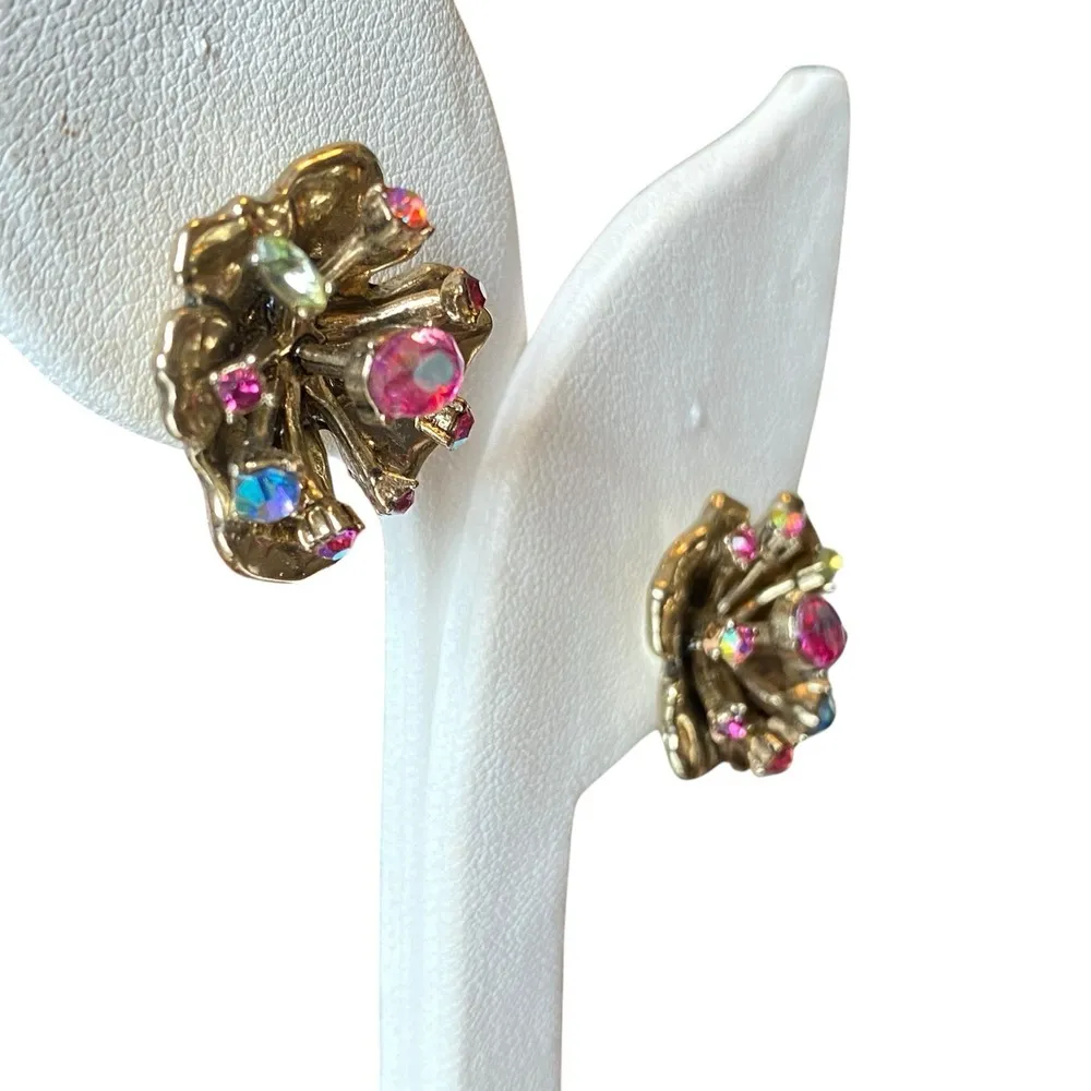 Betsey Johnson Blooming Flower Iridescent Rhinestone Blues Greens Earrings Fairy - Image 2