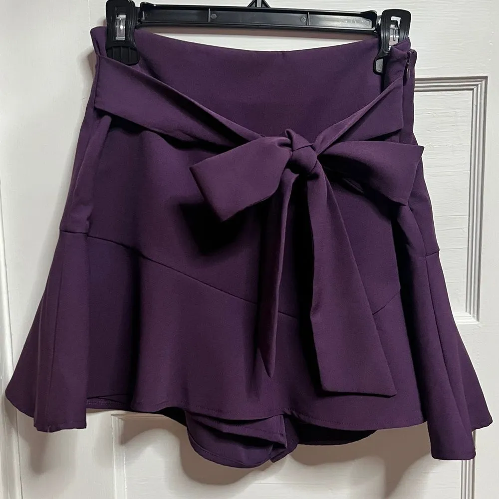 Zara Purple Bermuda Skort Tie Belt Flare Belted Mini Skirt with Shorts Size M - Image 4