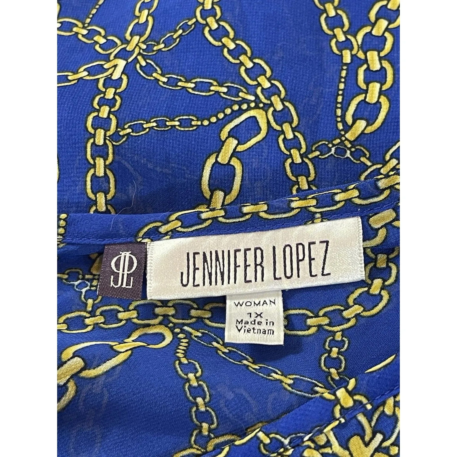 Jennifer Lopez 1X Sheer Blue Gold Chain Print Equestrian Nautical Mob Wife Top - Image 4