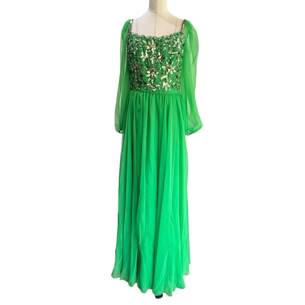 Victoria Royal Ltd 1960s Green sequin & Beaded Vintage Gown Dress sheer sleeves Size M - Image 10
