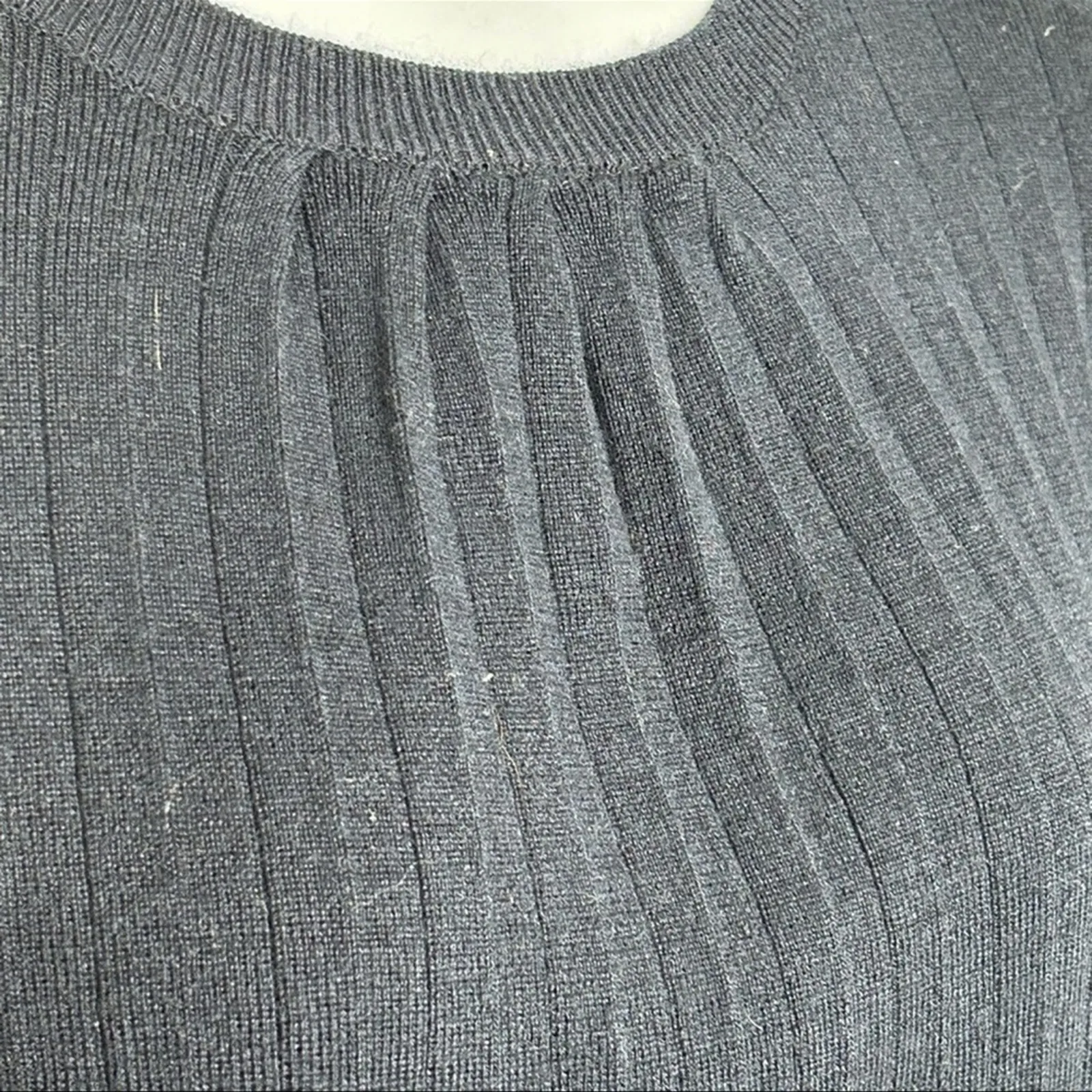 CLICHÉ Navy Wool Blend Sweater Small | Trendy Pleated Bell Sleeve Pullover Blue - Image 9