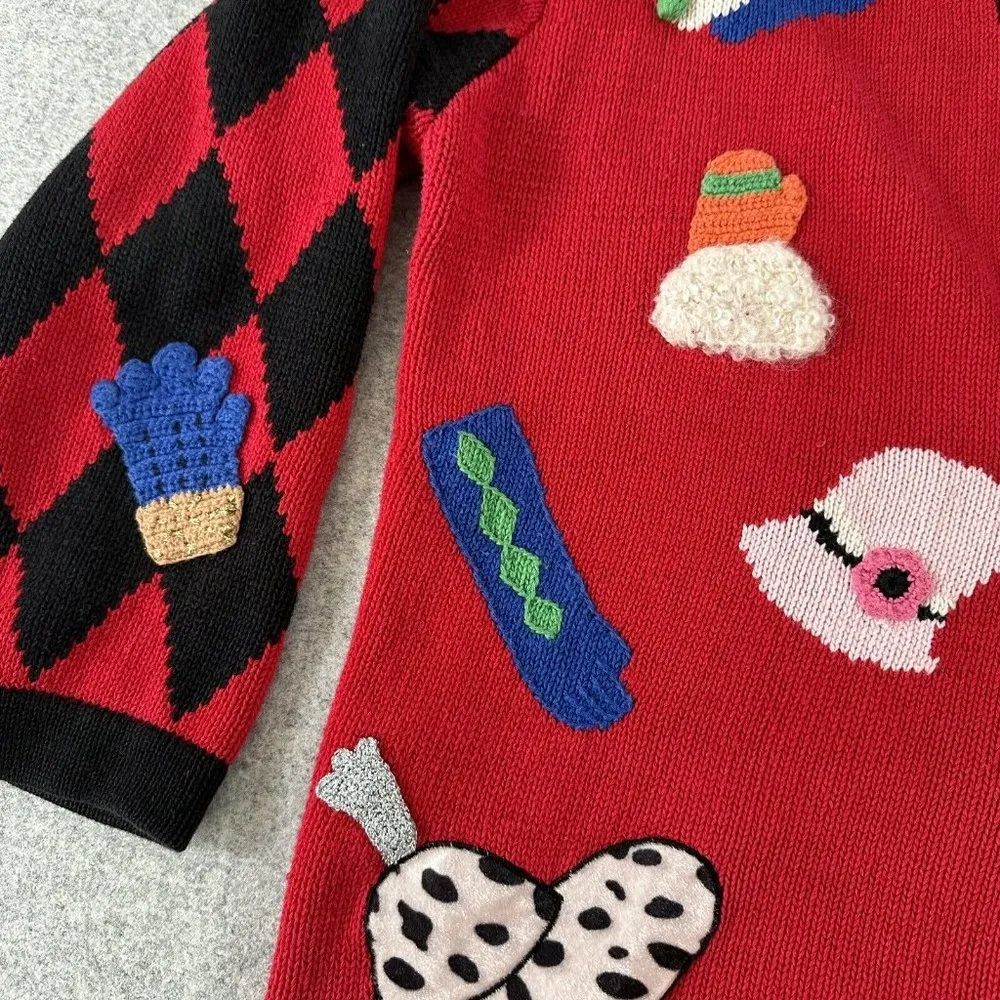 Vintage Berek Hand Knit Cardigan Sweater Womens Large Red Cat Hats Argyle - Image 11