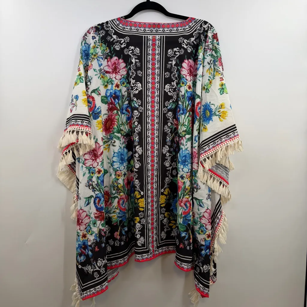 Umgee Floral Kimono with fringe multicolor womens M/L with sleeve holes - Image 4