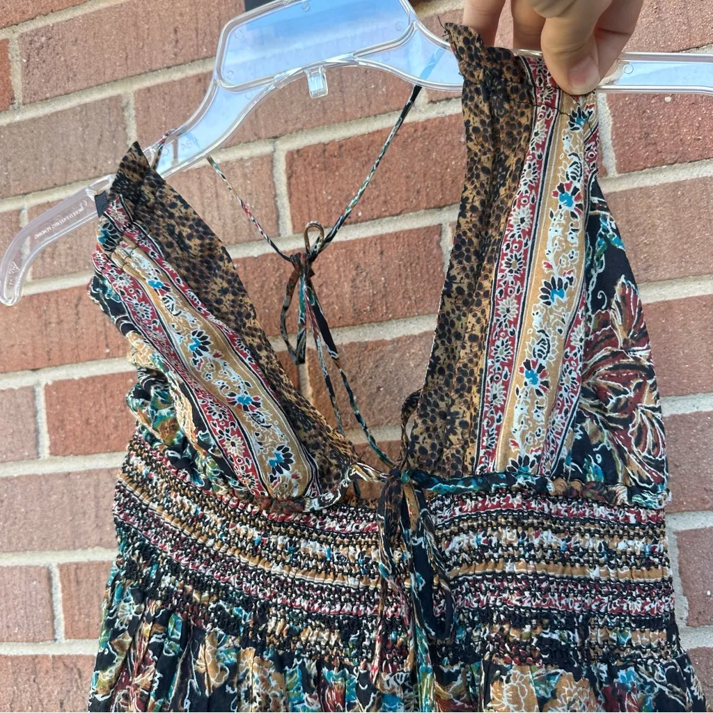 Free People Real Love Maxi Dress Floral Printed Smocked V Neck Open Back XL - Image 11