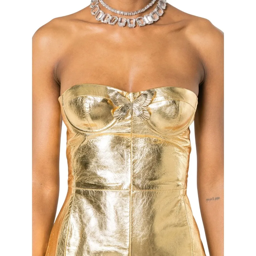 Blumarine Strapless Midi Dress in Gold 42 New Womens Leather Strapless Runway Size undefined - Image 12