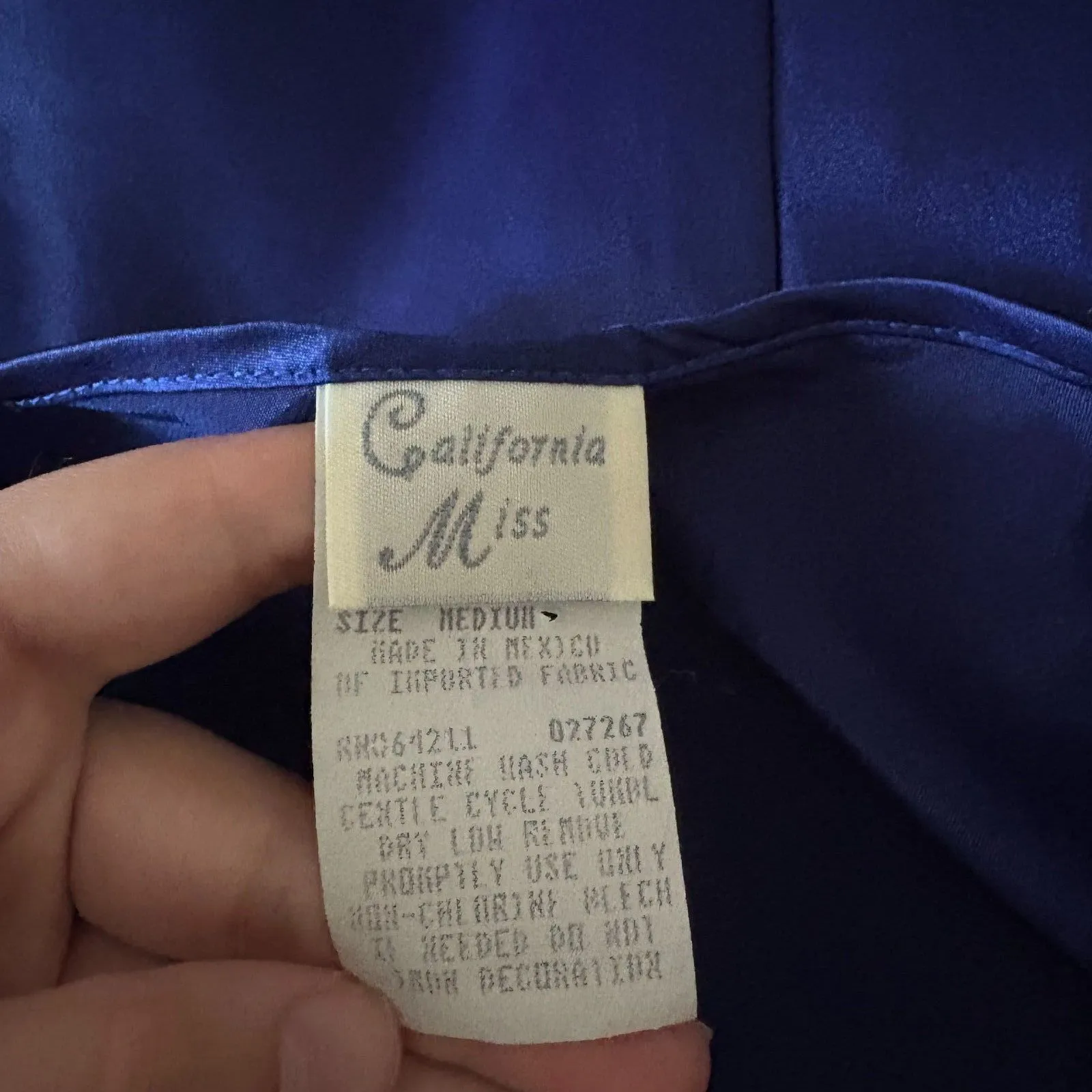 Vintage California Miss Royal Blue Satin Slip Dress Floral Applique‎ Size Medium - Image 5