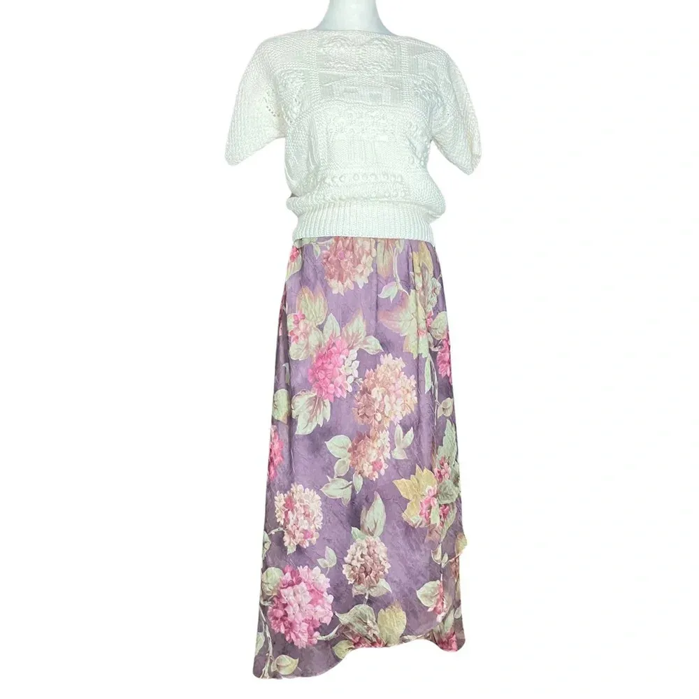 Vintage 90s Purple Floral Cottagecore Fairy Chiffon Ruffle Midi Skirt. Medium. - Image 3