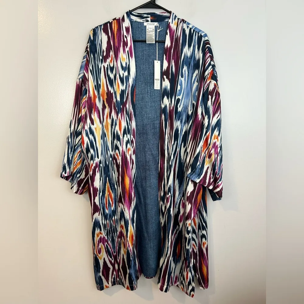 NWT Chico's Prized Ikat Drama Kimono Covering Ruana Kimono Midevil Blue L/XL - Image 2