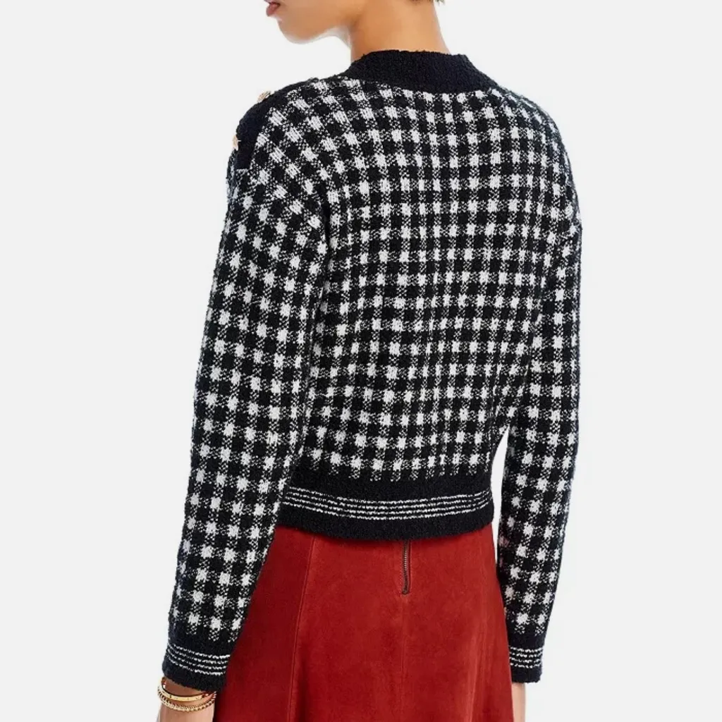 Aqua Black and White Checkered Gold Button Trim Sweater - Image 5