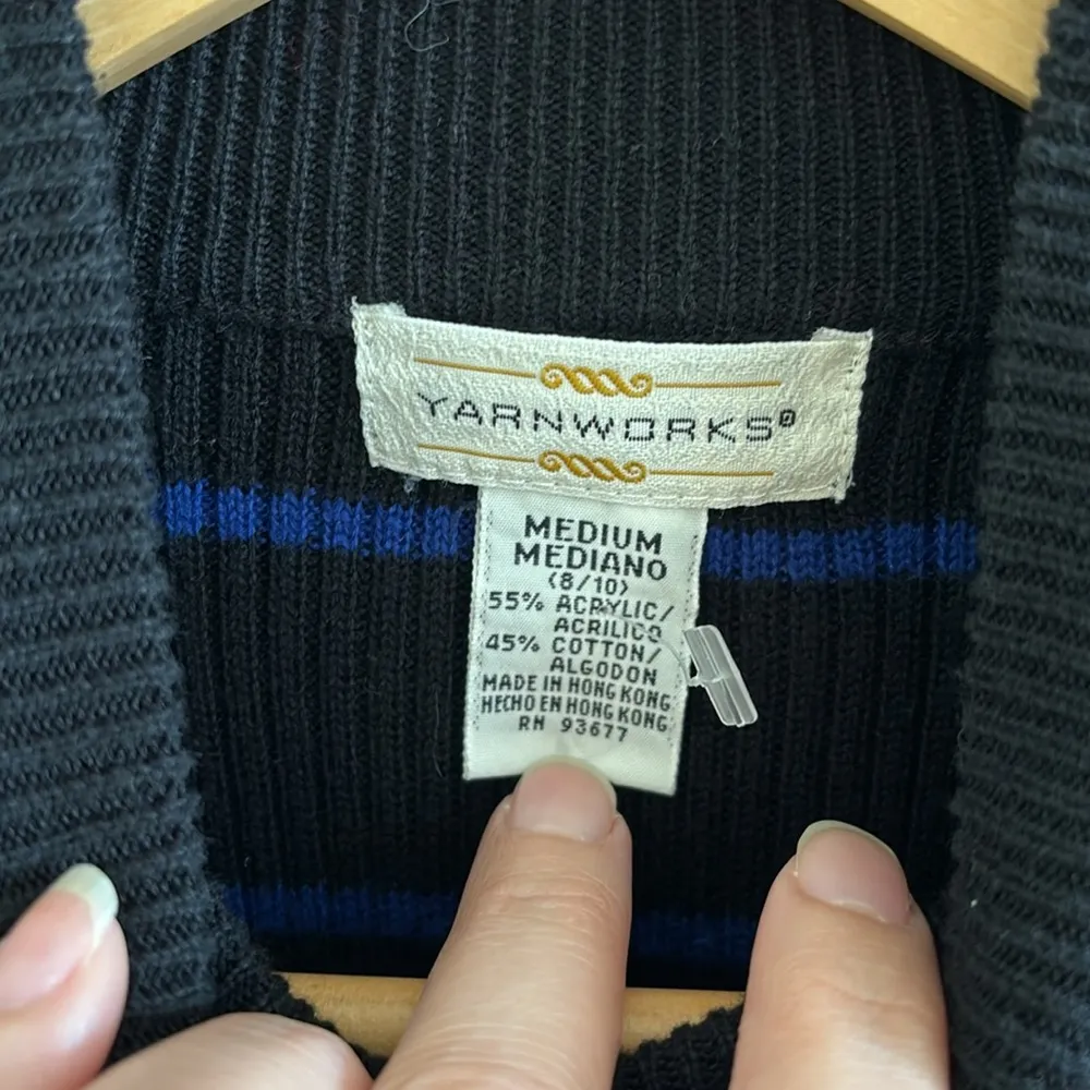 Yarnworks Blue & Black Striped Mock Neck Short Sleeve Knit Sweater Top Size M Size M - Image 2