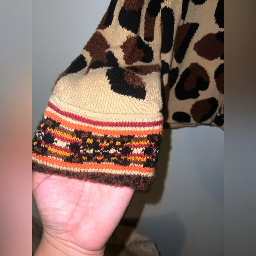 Leopard Print Cardigan with Orange Accents Tan Size M - Image 3