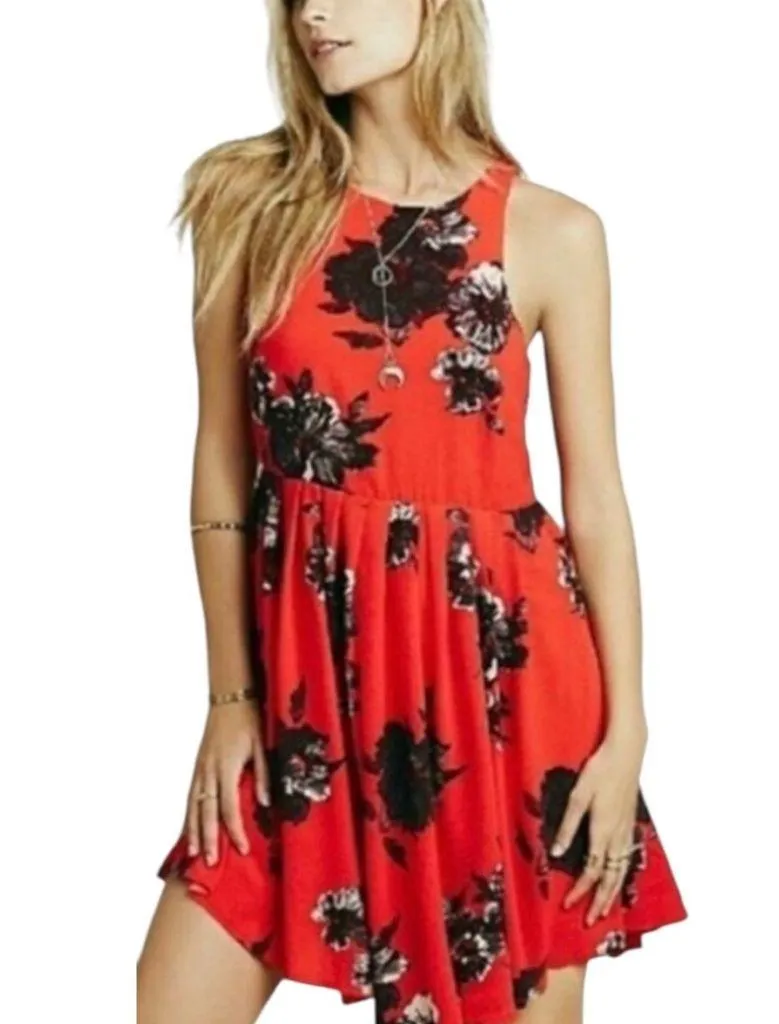 Free People Aline Mini Dress Pockets Halter Neck Red Black Floral Women’s Size 6 - Image 13