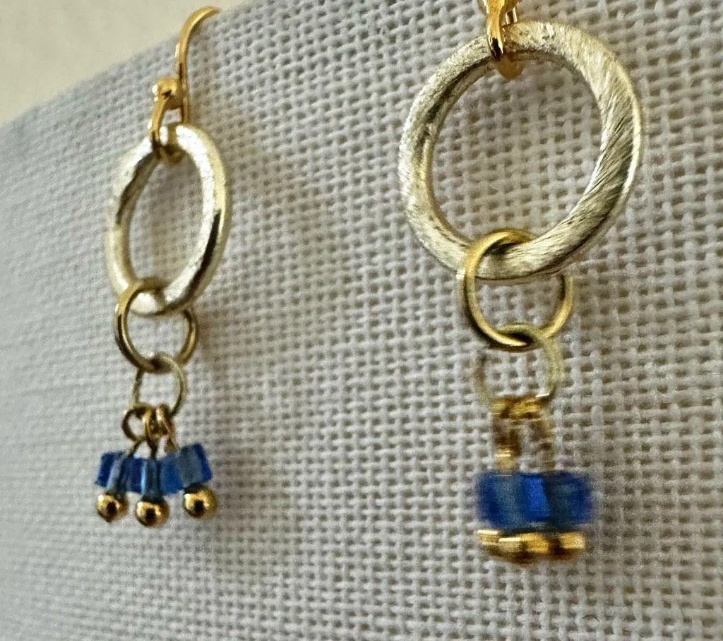 Elaine Chu Handcrafted Gold & Blue Beaded Dangle Earrings - Image 5