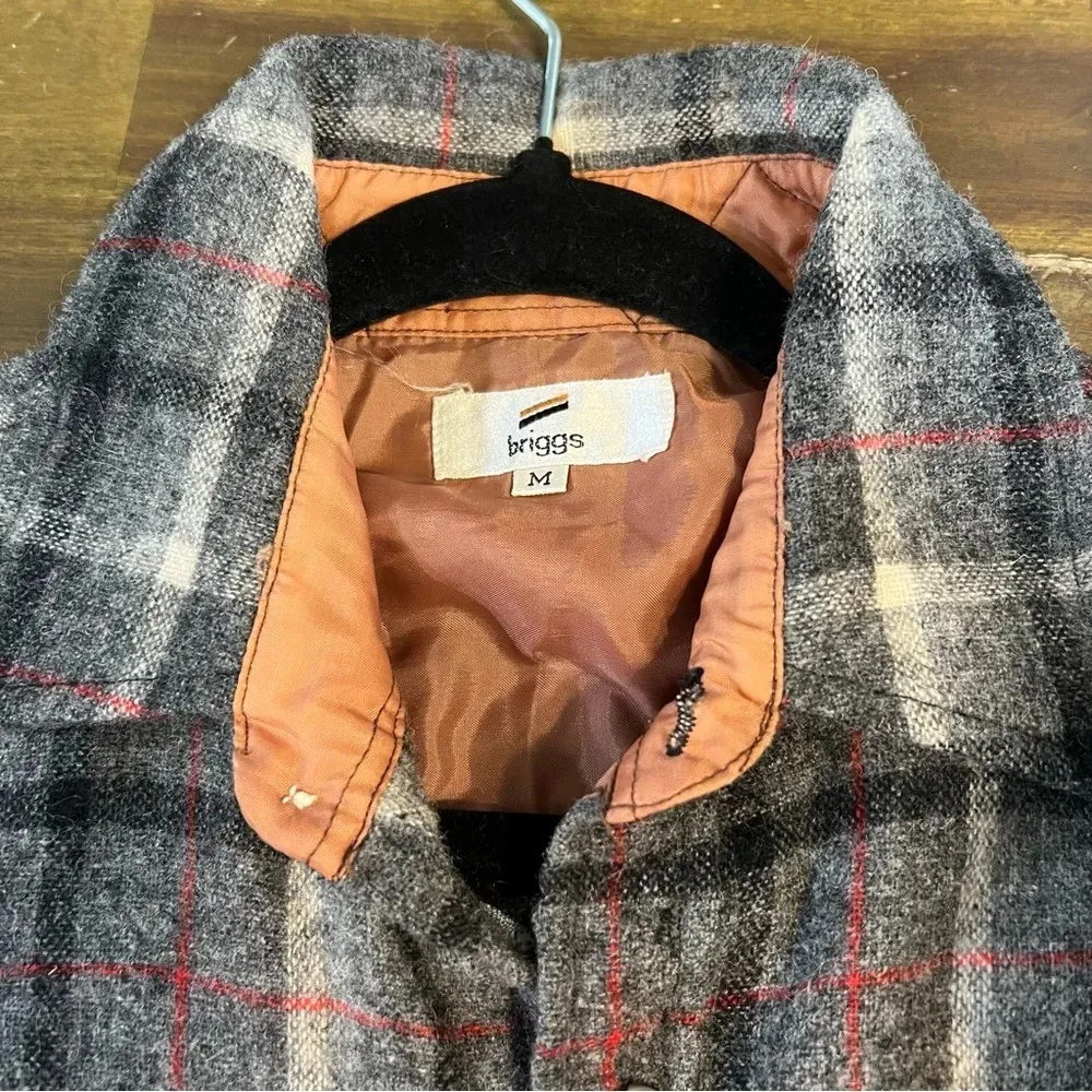 Briggs Vintage Plaid Wool Shirt Button Down Zipper Boxy Grid Window Pane Gray M - Image 7