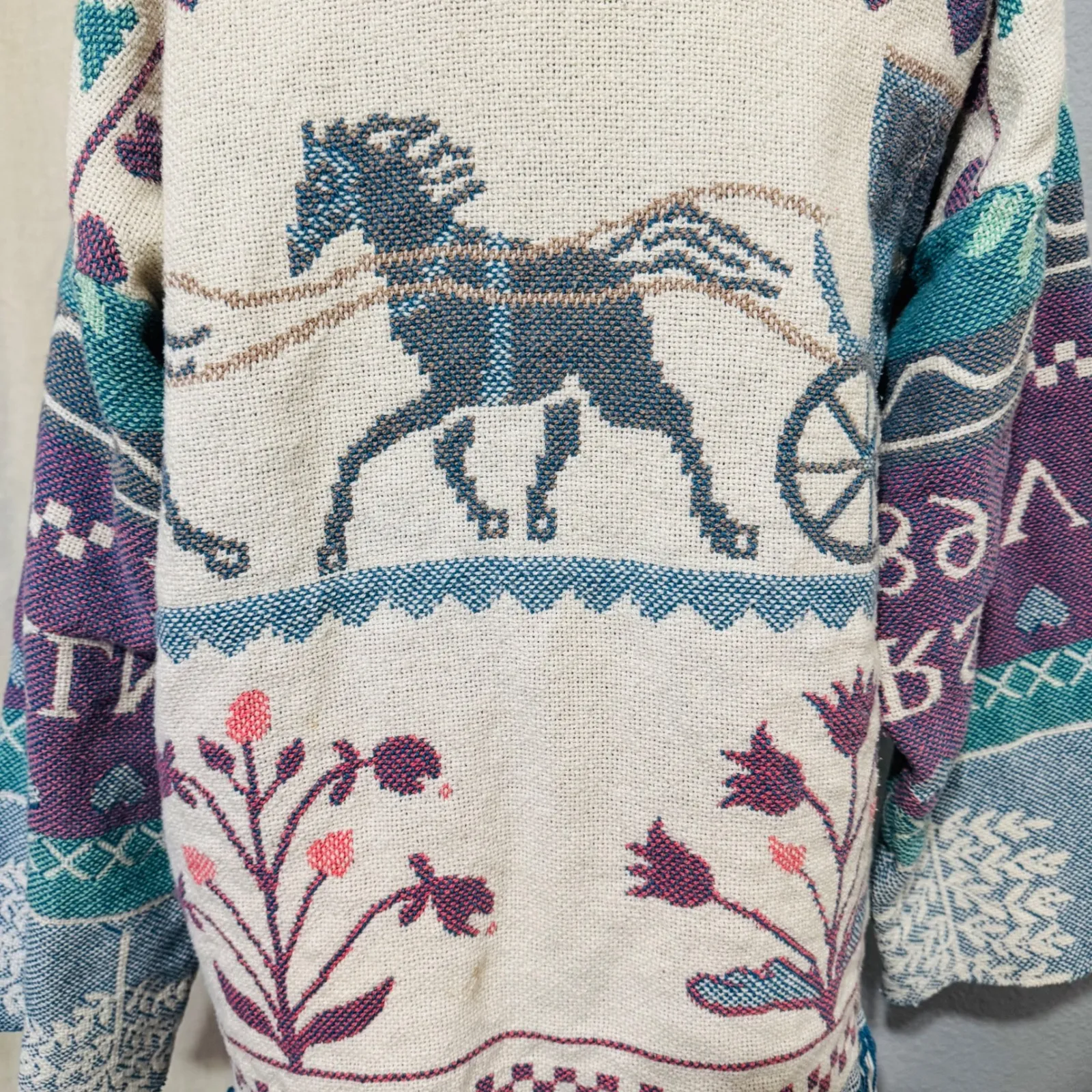 Crown Crafts Woven Tapestry Cardigan Sweater Fringe Floral Horse Carriage Cabin Blue Size undefined - Image 8