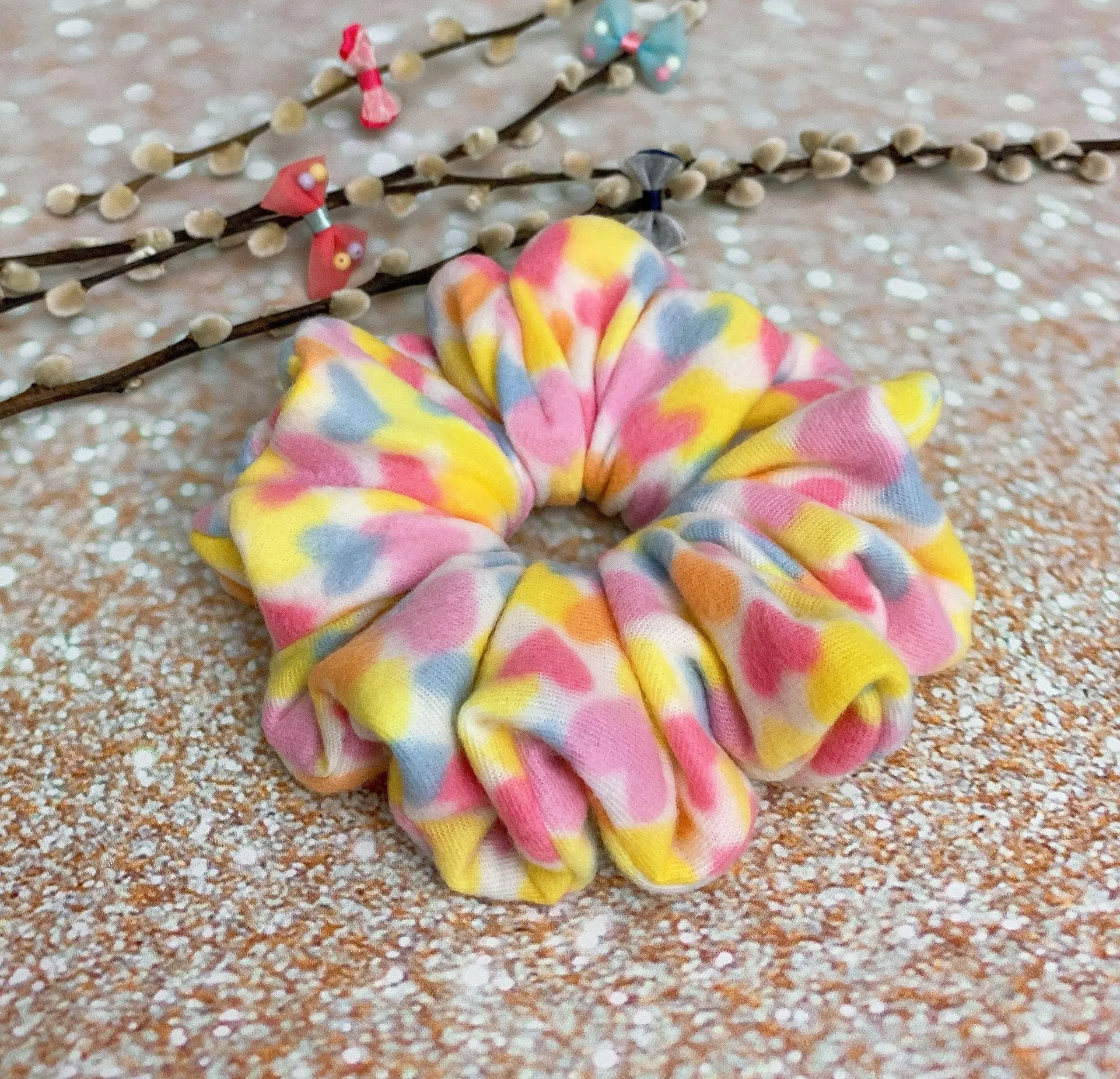 JUMBO Scrunchie Yellow And Hearts Oversized Scrunchie Xxl Scrunchie - Image 2