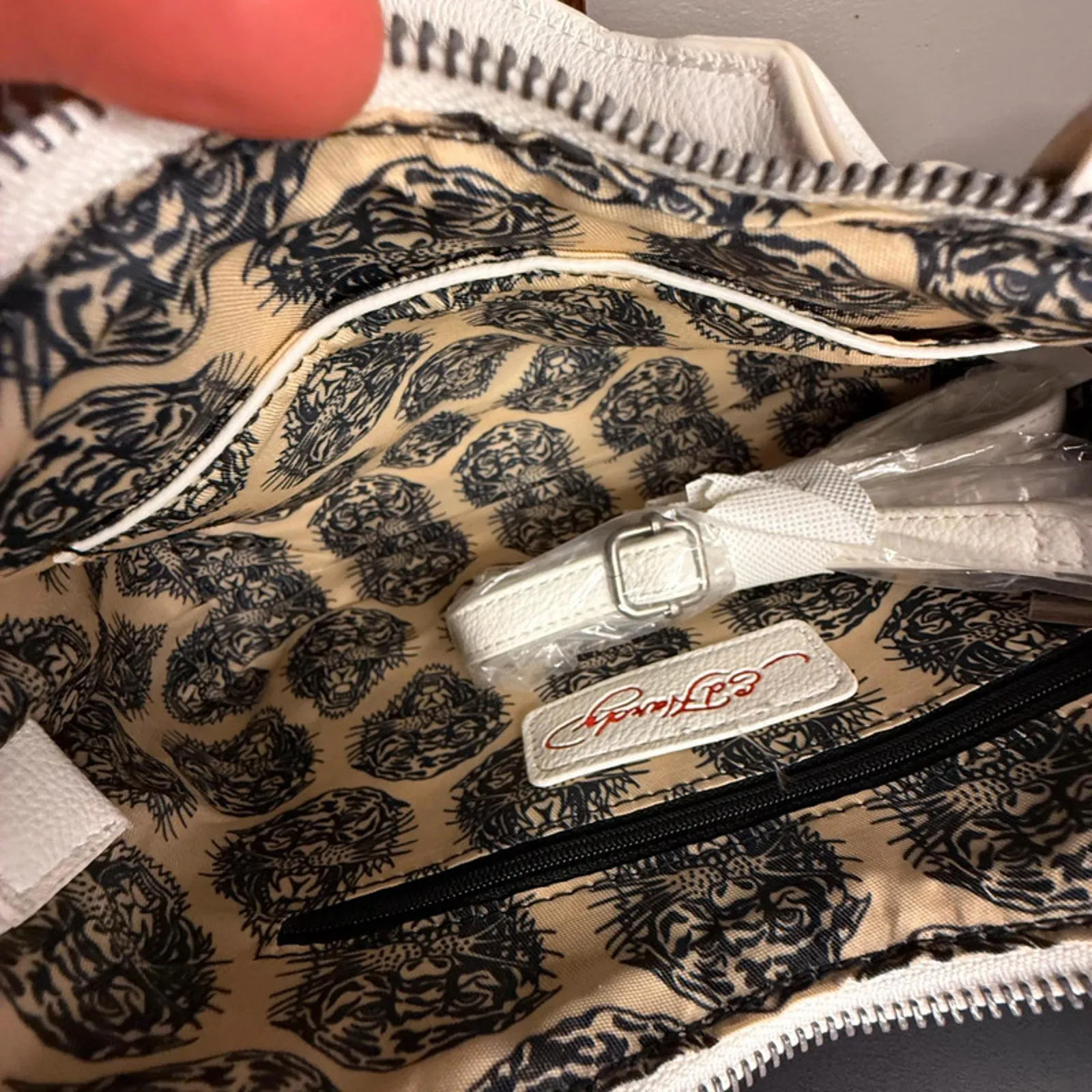 Ed Hardy Pink Leopard Tattoo Skull Satchel Bag White Trim NWT - Image 5