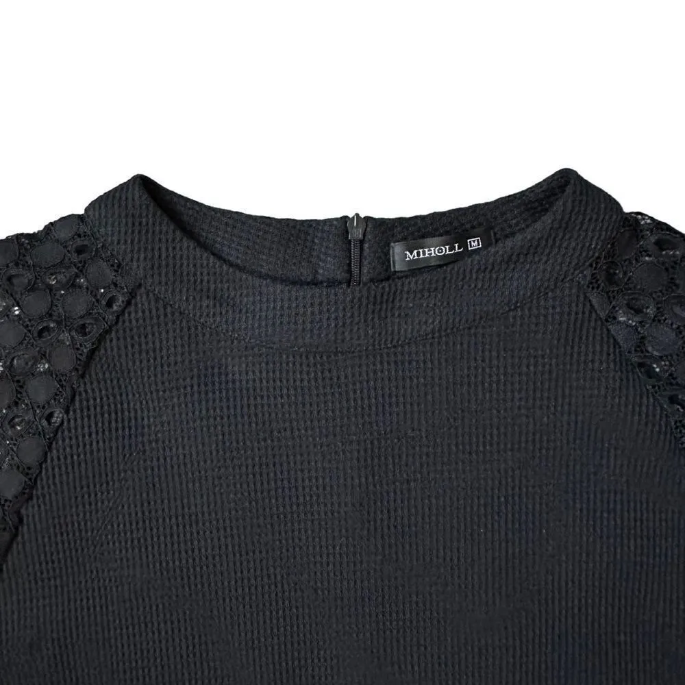 MIHOLL Lace Long Sleeve Casual Loose Top Solid Black Size Medium - Image 6