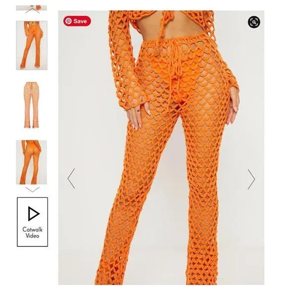 Preloved PrettyLittleThing Orange Crochet‎ Lace-Up Top & Bottom Set (Size S/M) - Image 2