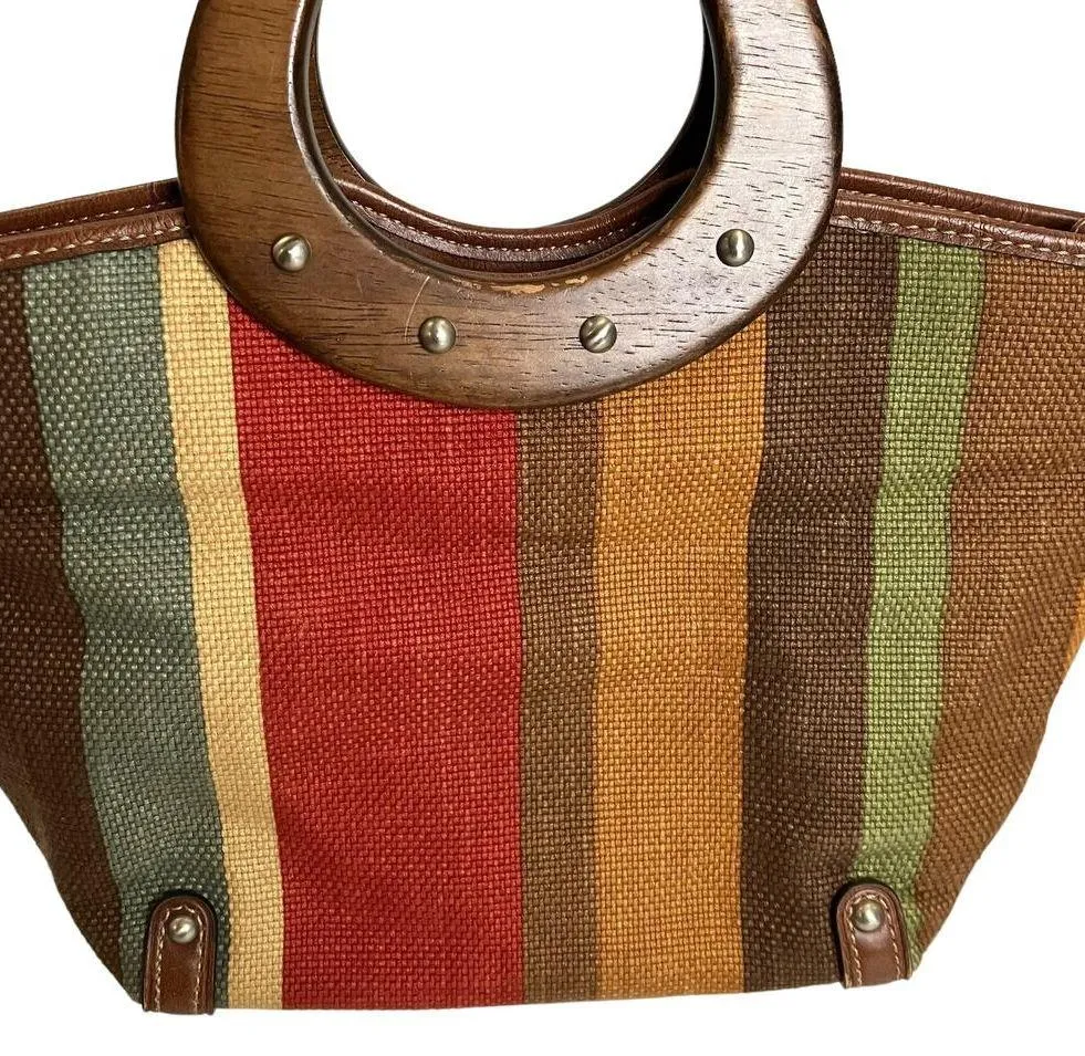 Fossil Multi Colored Striped Leather Trim Wood Handle Satchel Purse - Image 2