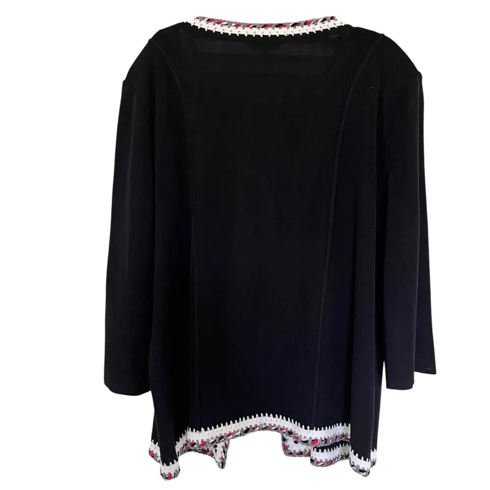 Misook Black Poppy Red White Crochet Trim 3/4 Sleeve Cardigan Jacket Size Large - Image 5