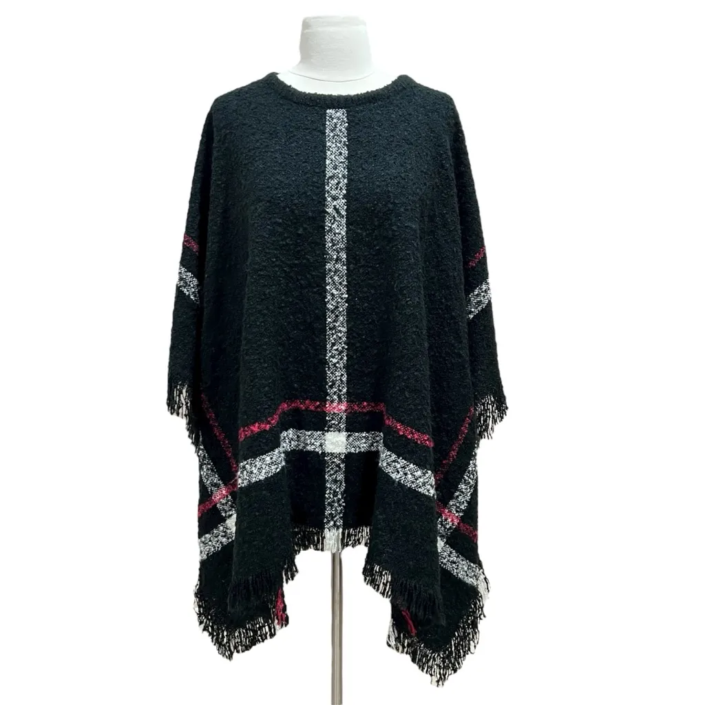 Black Poncho with Pink & White Plaid Stripes by Passports Size Medium - Image 2