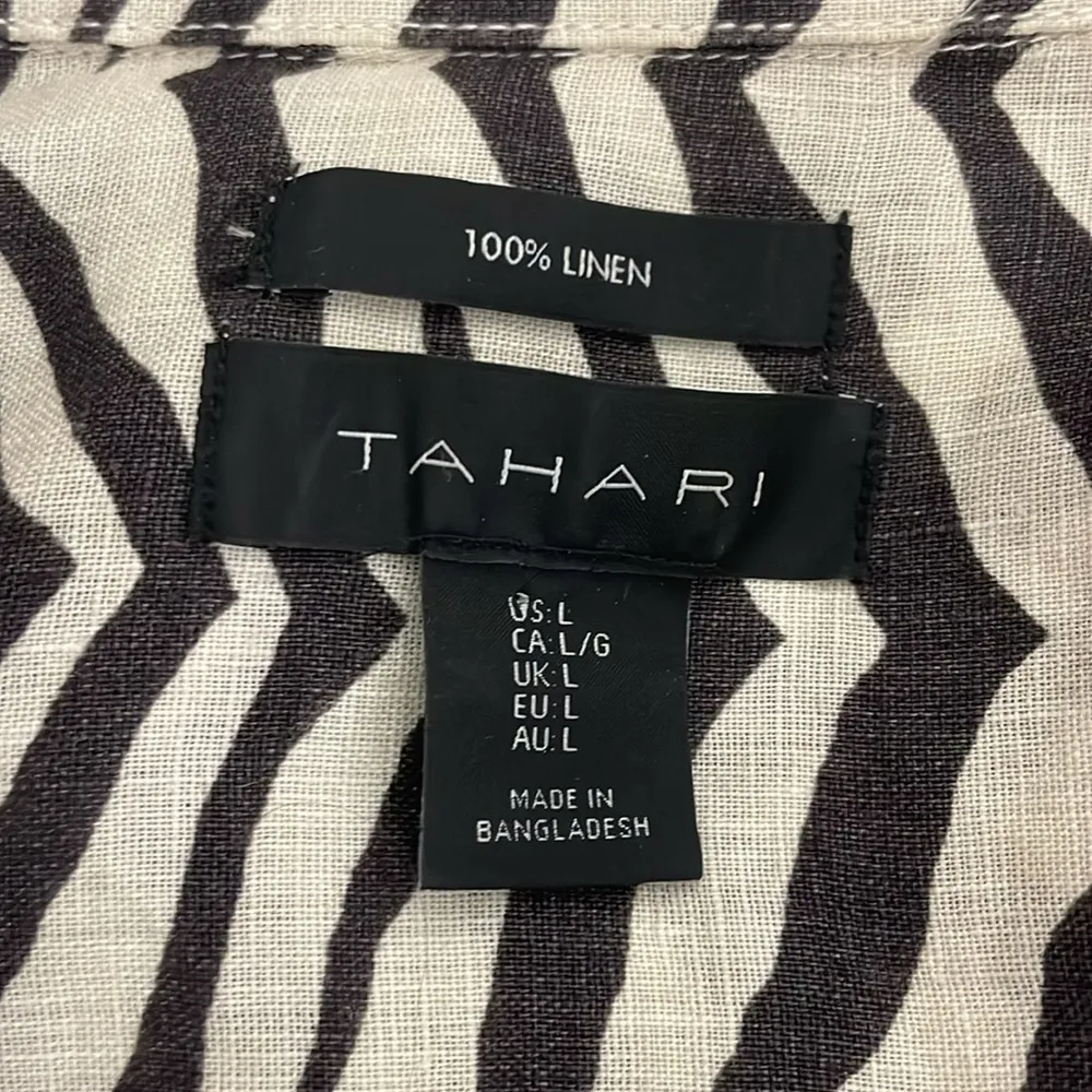 Tahari 100% Linen Button Up Shirt Zebra Stripe Large Roll tab sleeves Long Tunic - Image 5