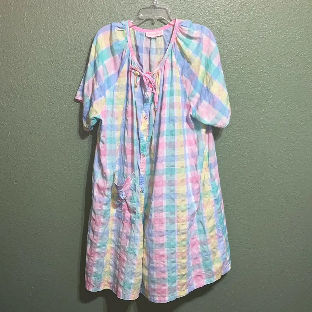 Vintage Pastel Plaid Floral Embroidered Nightgown Size undefined - Image 2