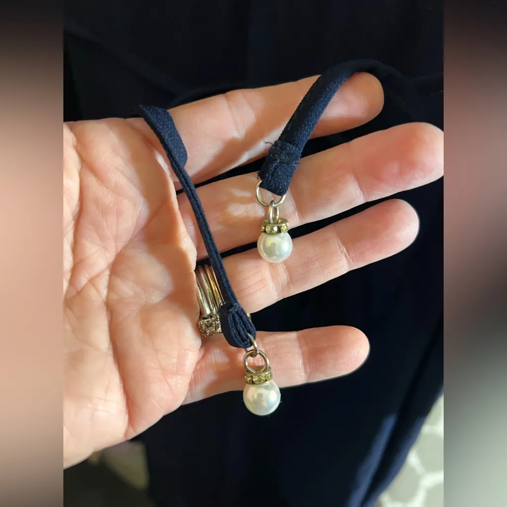 Vintage Navy Blue Dress with White Accents sheer sleeves belt w pearl details M Size M - Image 9