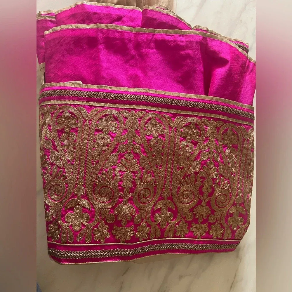 Meena Bazaar Embroidered Gown Anarkali Dress Gold & Hot Pink - Image 15
